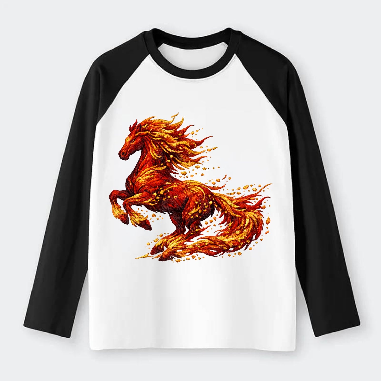 EMBER RISING | Sparks forming into horse shape | Particles of fire | - Raglan Long Sleeve T-Shirt - Black