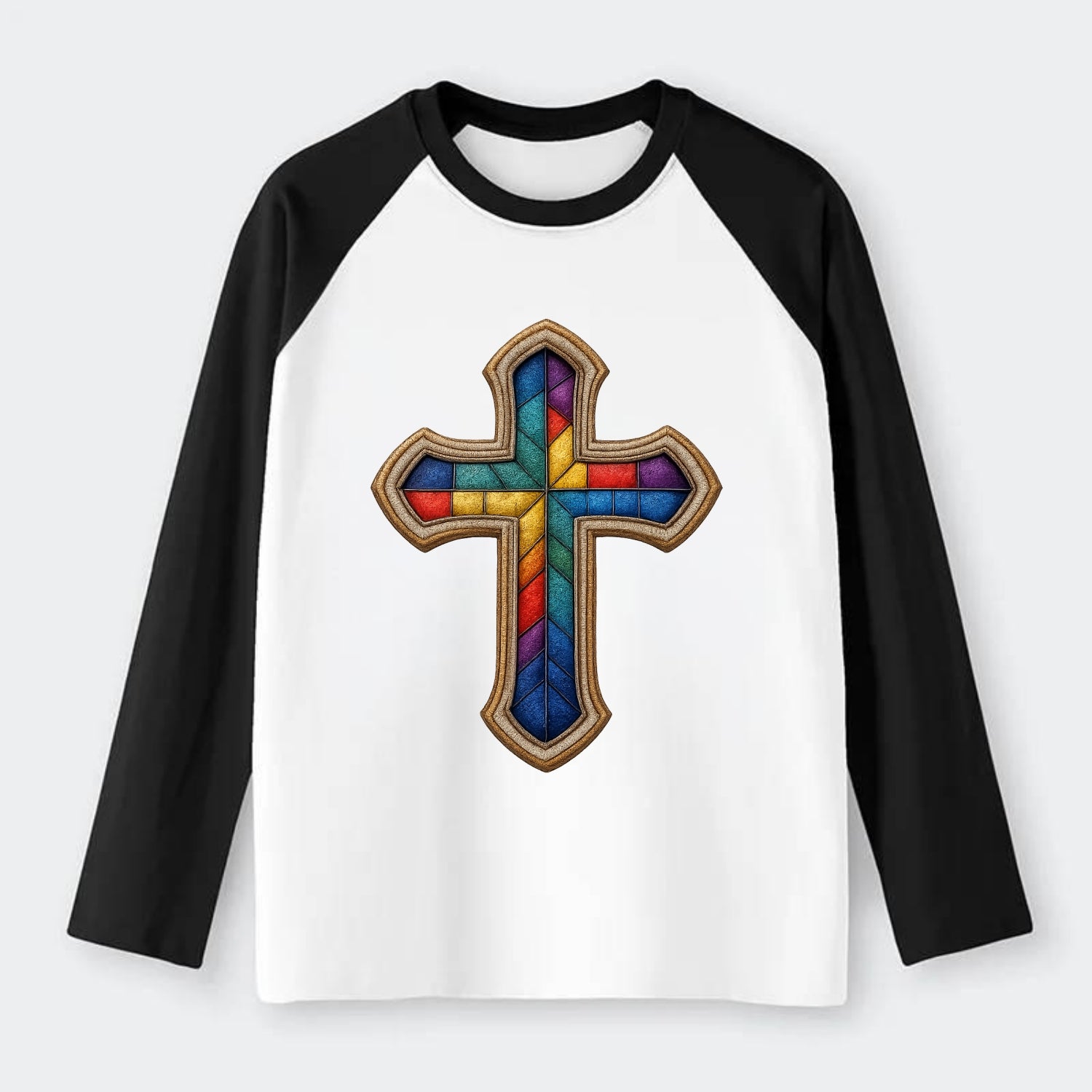 Stained Glass Cross  - Raglan Long Sleeve T-Shirt - Black