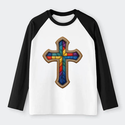Stained Glass Cross  - Raglan Long Sleeve T-Shirt - Black
