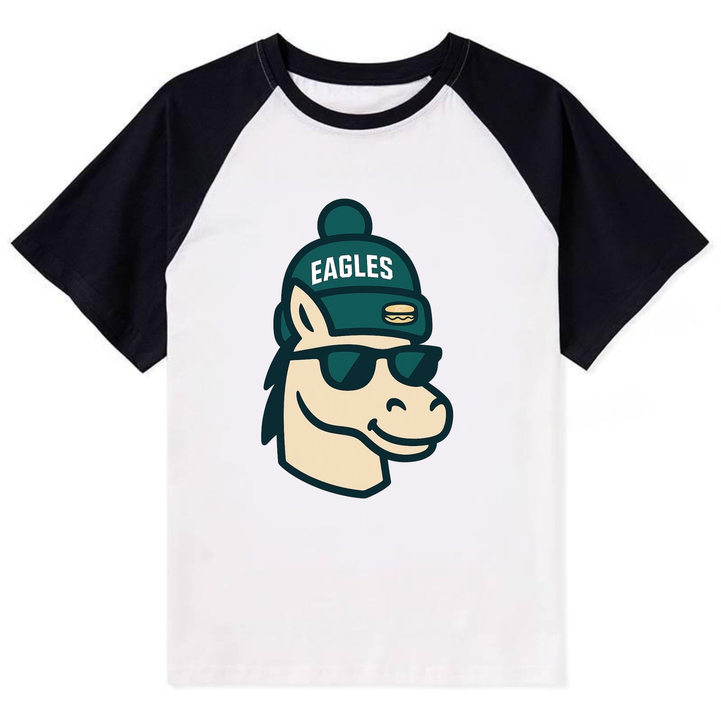 Philadelphia Horse wearing Eagles beanie with cheesesteak patch and - Contrast Raglan T-shirt - Black
