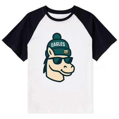 Philadelphia Horse wearing Eagles beanie with cheesesteak patch and - Contrast Raglan T-shirt - Black