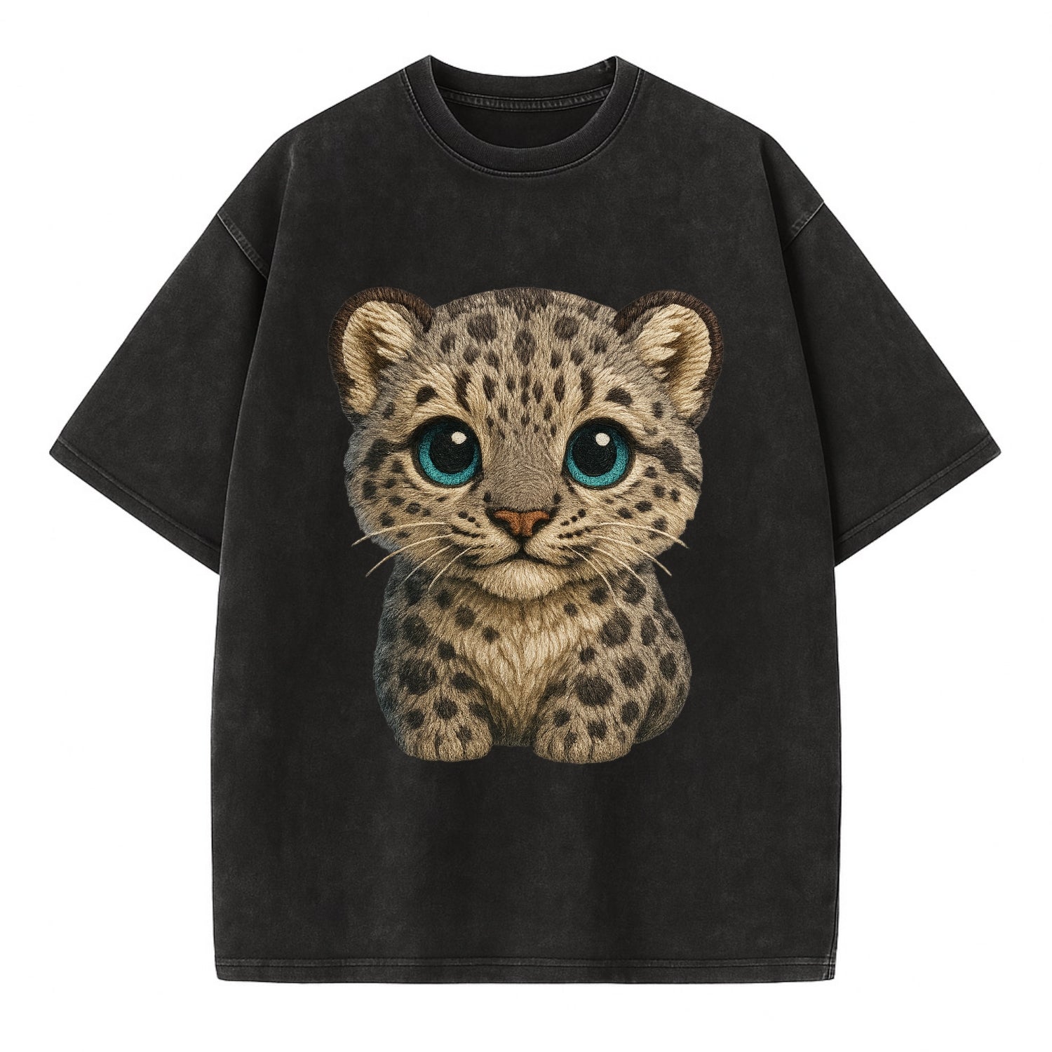 Baby Snow Leopard Cub - gray spotted, thick fur, blue-green eyes, front-facing, - Vintage T-shirt - Black