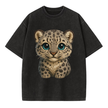 Baby Snow Leopard Cub - gray spotted, thick fur, blue-green eyes, front-facing, - Vintage T-shirt - Black