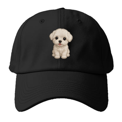 Baby Maltese Puppy - pure white silky coat, black button eyes, tiny nose, - Baseball Cap - Black