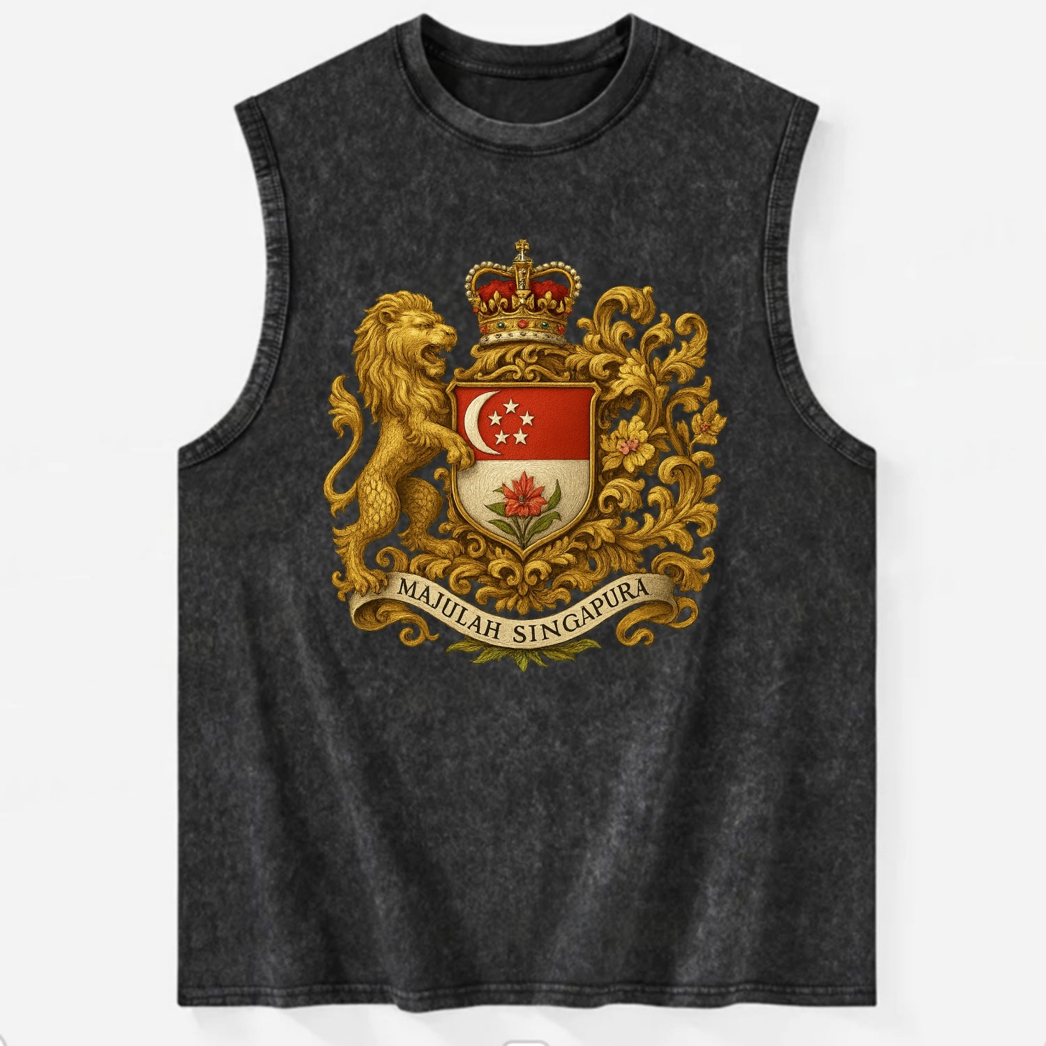 Singapore Merlion Emblem  - Vintage Washed Tank - Black