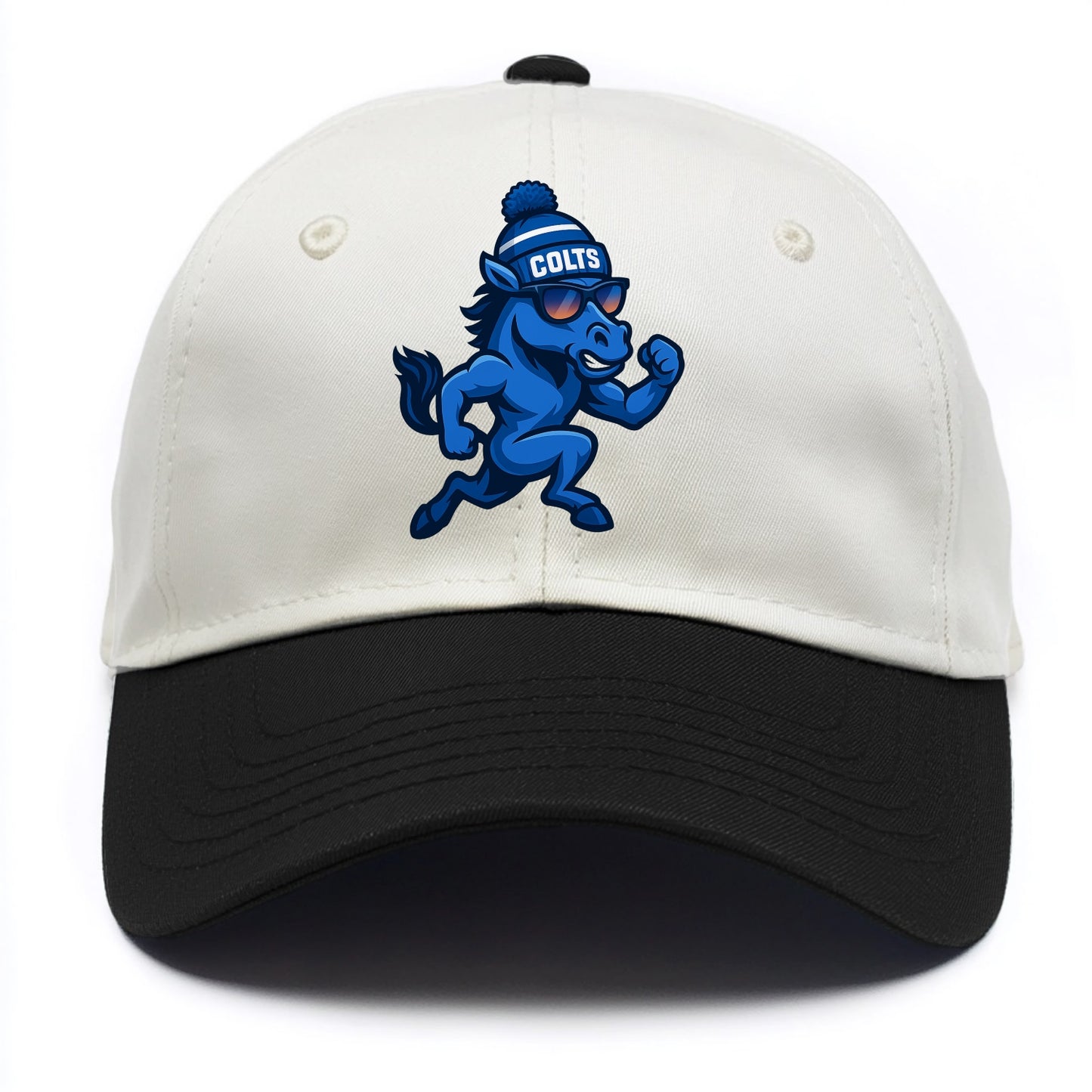 Indianapolis Colt Horse wearing Colts blue and white beanie with pom pom and - Two Tone Cap - Black