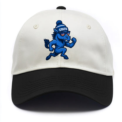 Indianapolis Colt Horse wearing Colts blue and white beanie with pom pom and - Two Tone Cap - Black