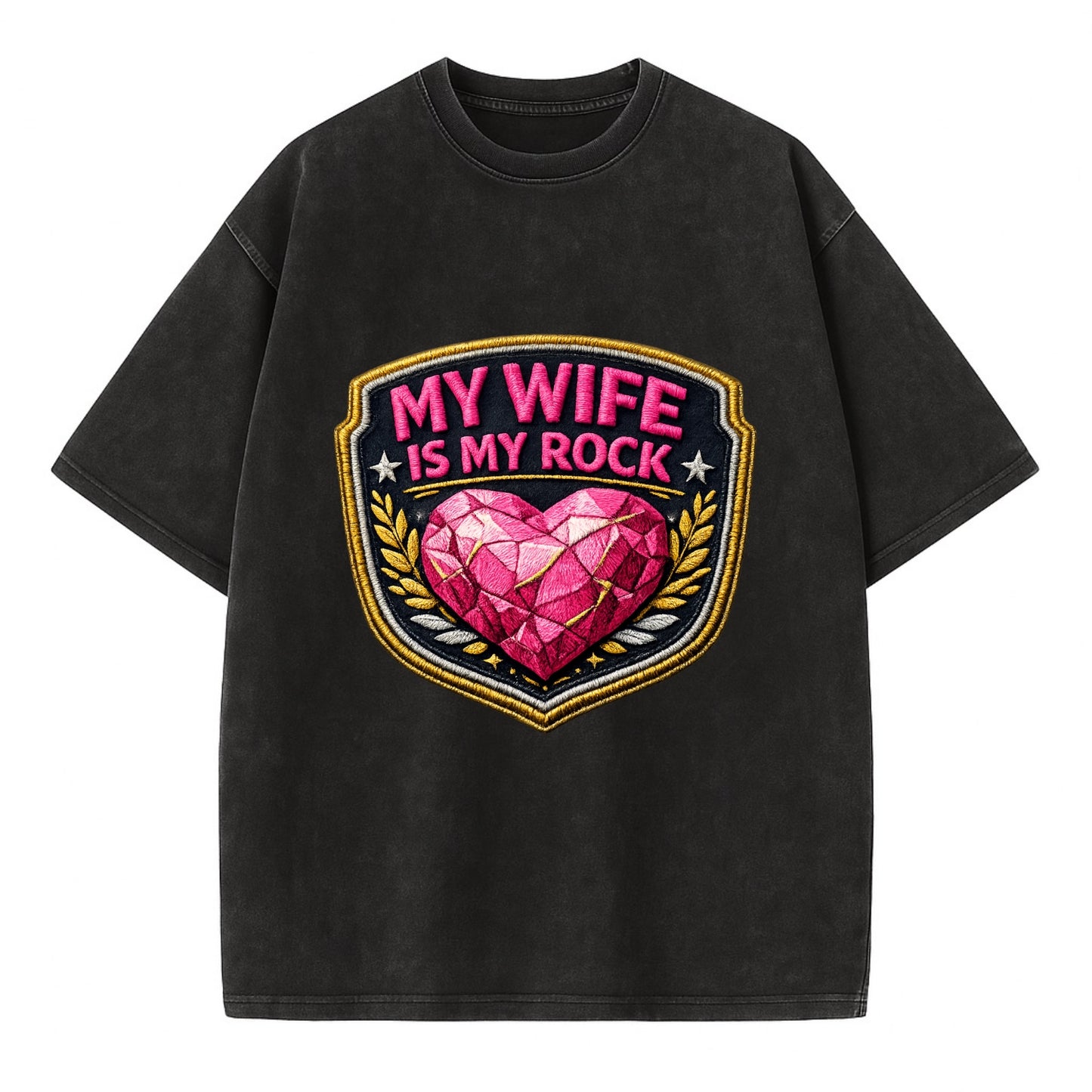 MY WIFE IS MY ROCK - pink rock heart - pink - solid wife - Vintage T-shirt - Black