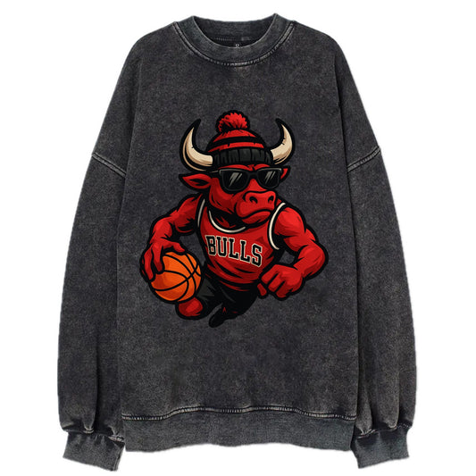 Chicago Bull wearing Bulls red and black beanie with horns design and wayfarer - Vintage Sweatshirt - Black