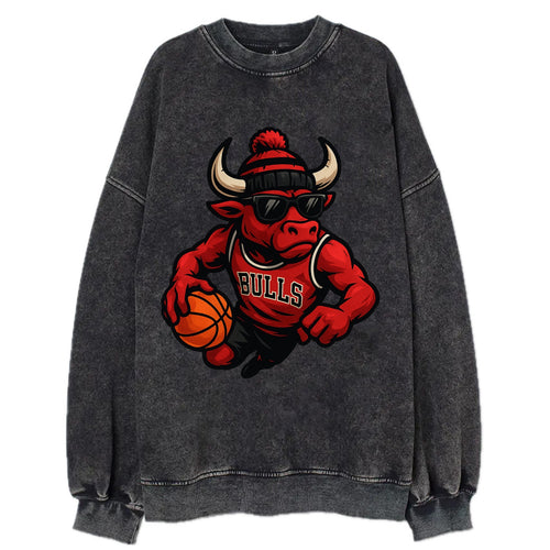 Chicago Bull wearing Bulls red and black beanie with horns design and wayfarer - Vintage Sweatshirt