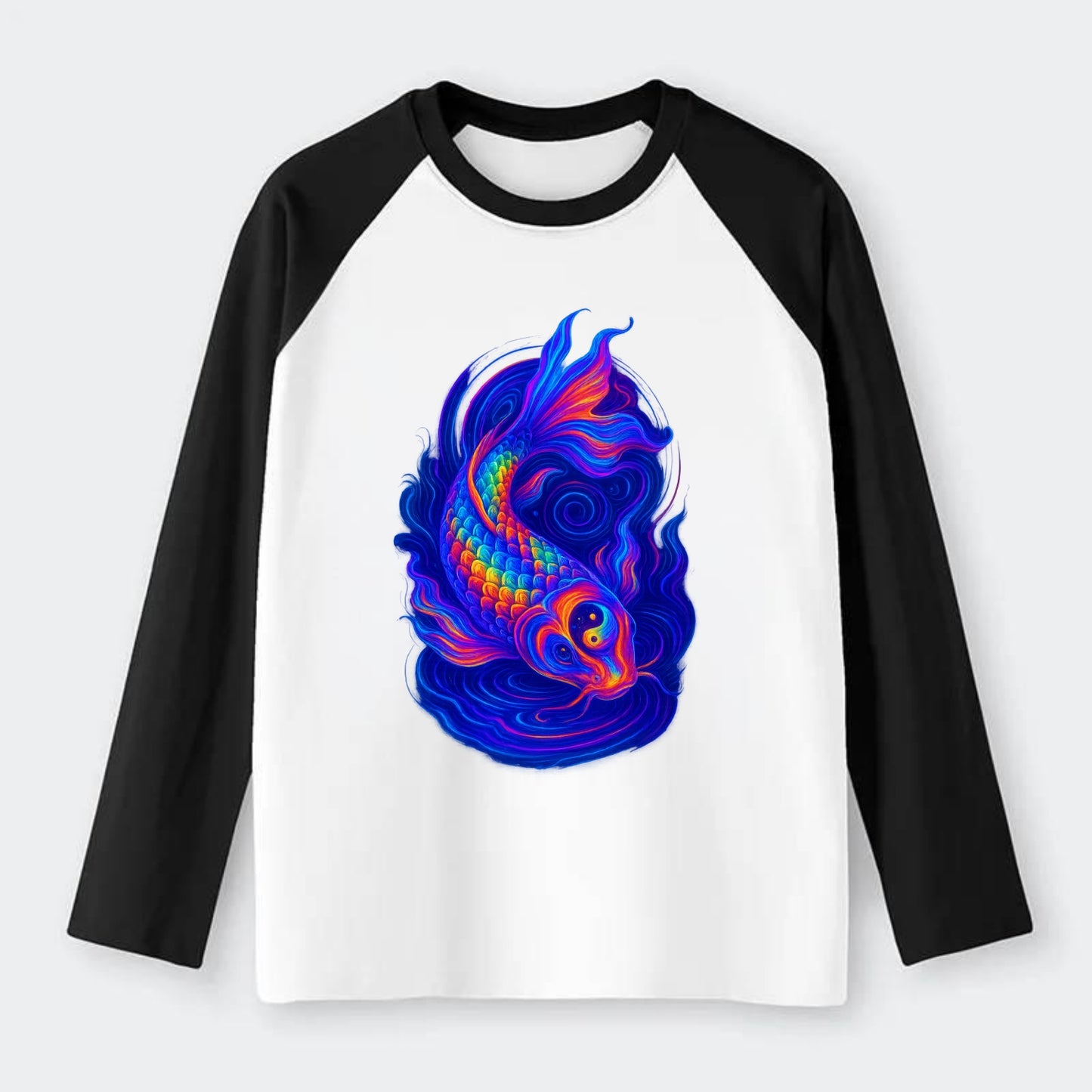 Sacred koi with scales reflecting rainbow prisms, yin-yang patterns in - Raglan Long Sleeve T-Shirt - Black