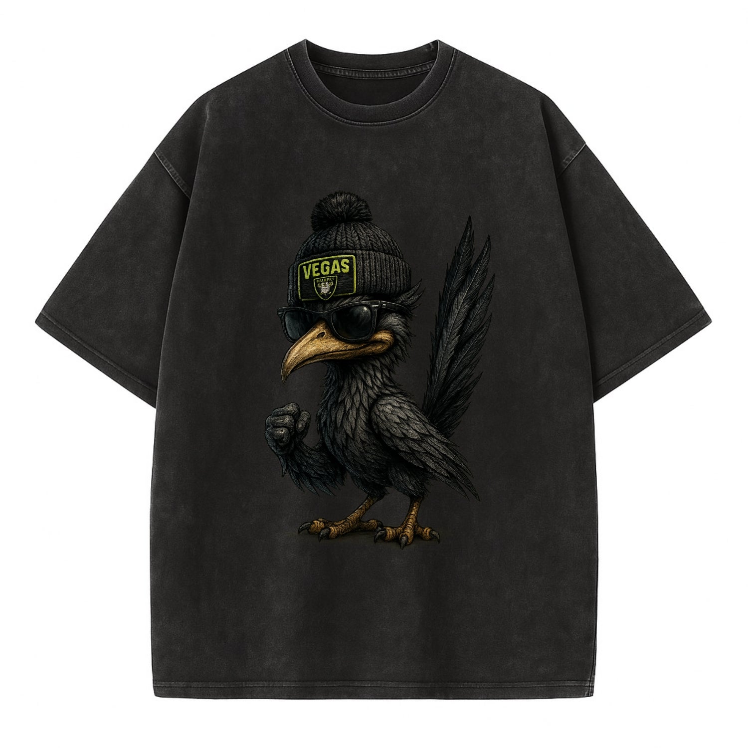 Vegas Roadrunner wearing Raiders beanie with neon patch and wayfarer sunglasses - Vintage T-shirt - Black