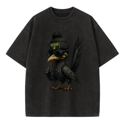 Vegas Roadrunner wearing Raiders beanie with neon patch and wayfarer sunglasses - Vintage T-shirt - Black