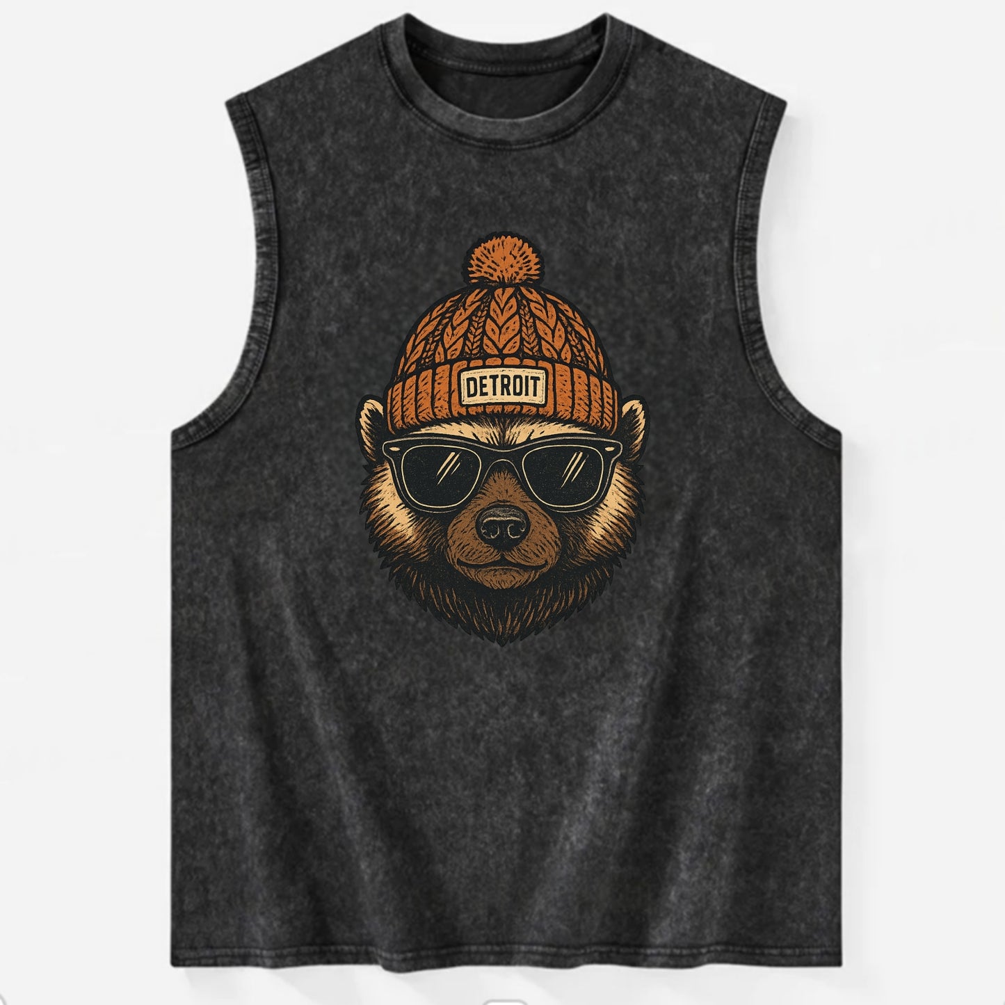 Detroit Wolverine wearing Detroit beanie with pom pom and wayfarer sunglasses - Vintage Washed Tank - Black