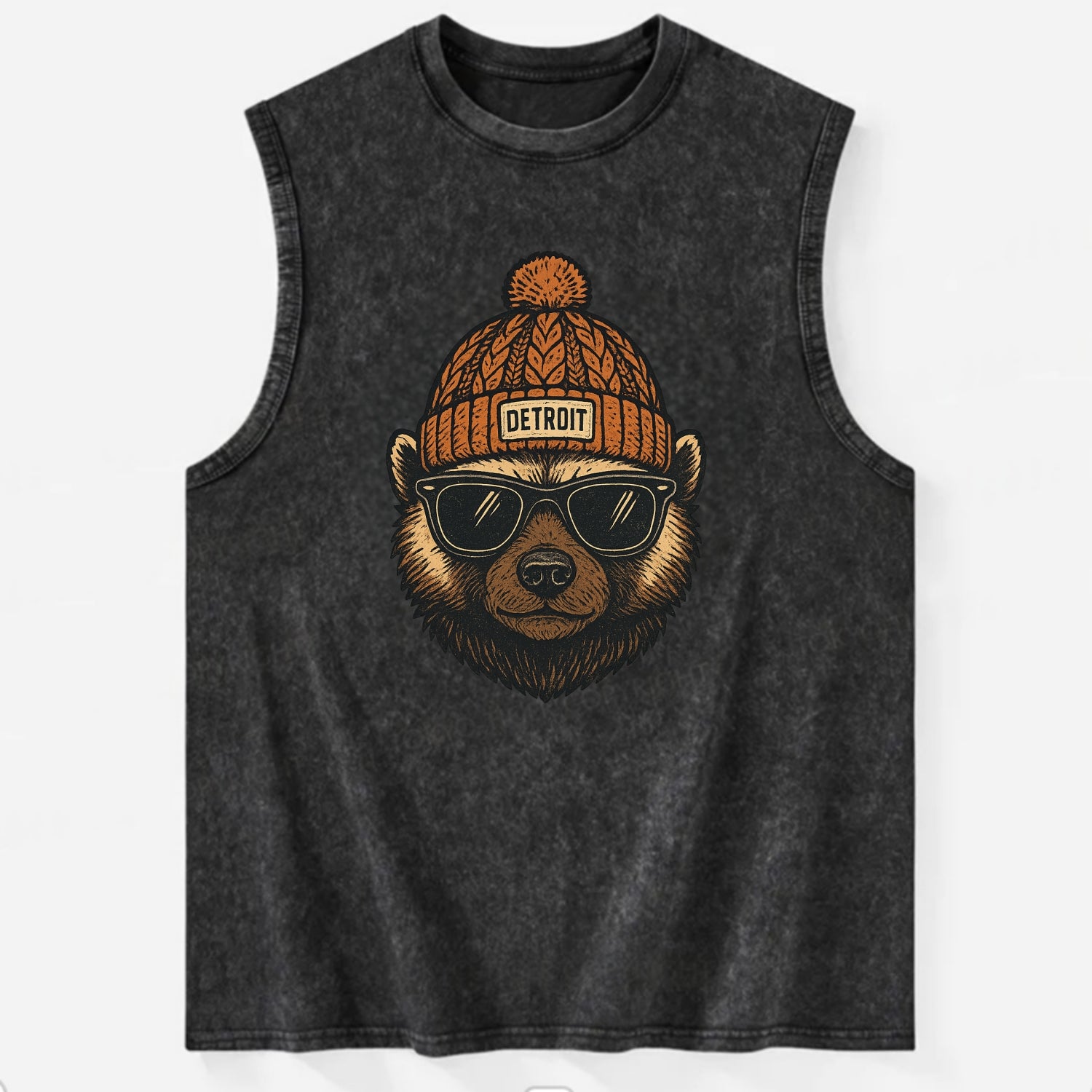 Detroit Wolverine wearing Detroit beanie with pom pom and wayfarer sunglasses - Vintage Washed Tank - Black