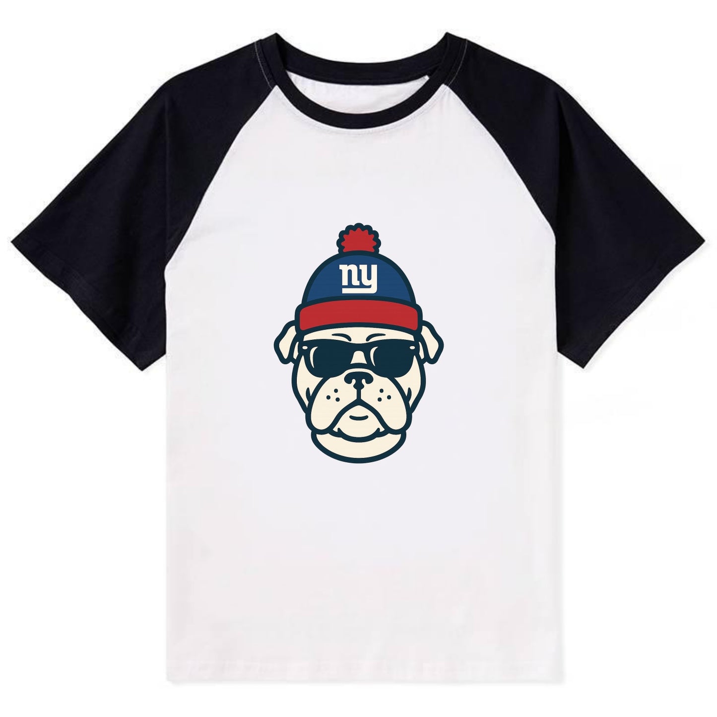 New York Bulldog wearing Giants blue and red beanie with pom pom and - Contrast Raglan T-shirt - Black