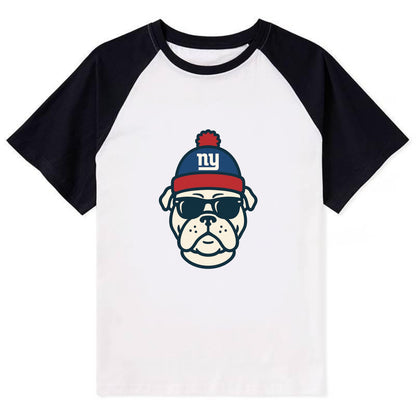 New York Bulldog wearing Giants blue and red beanie with pom pom and - Contrast Raglan T-shirt - Black