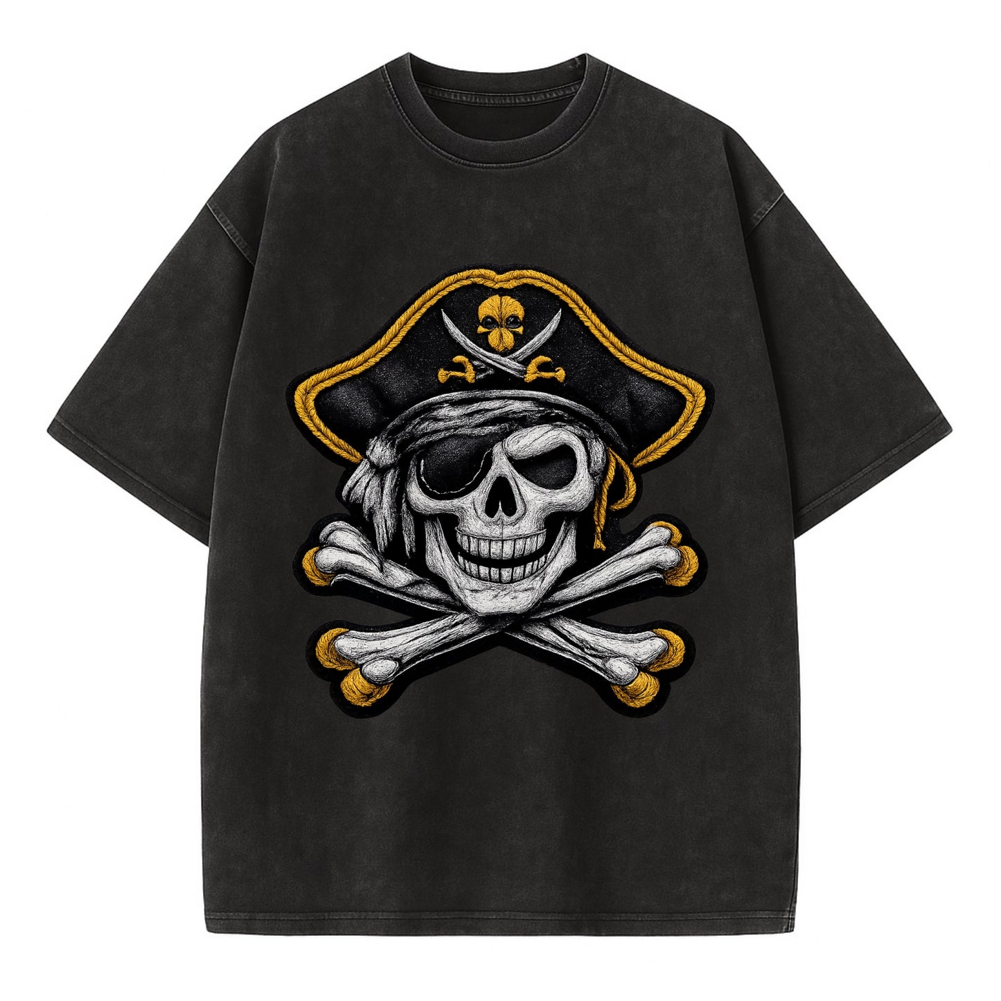PIRATE SKULL - Jolly Roger skull in black and white , pirate - Vintage T-shirt - Black