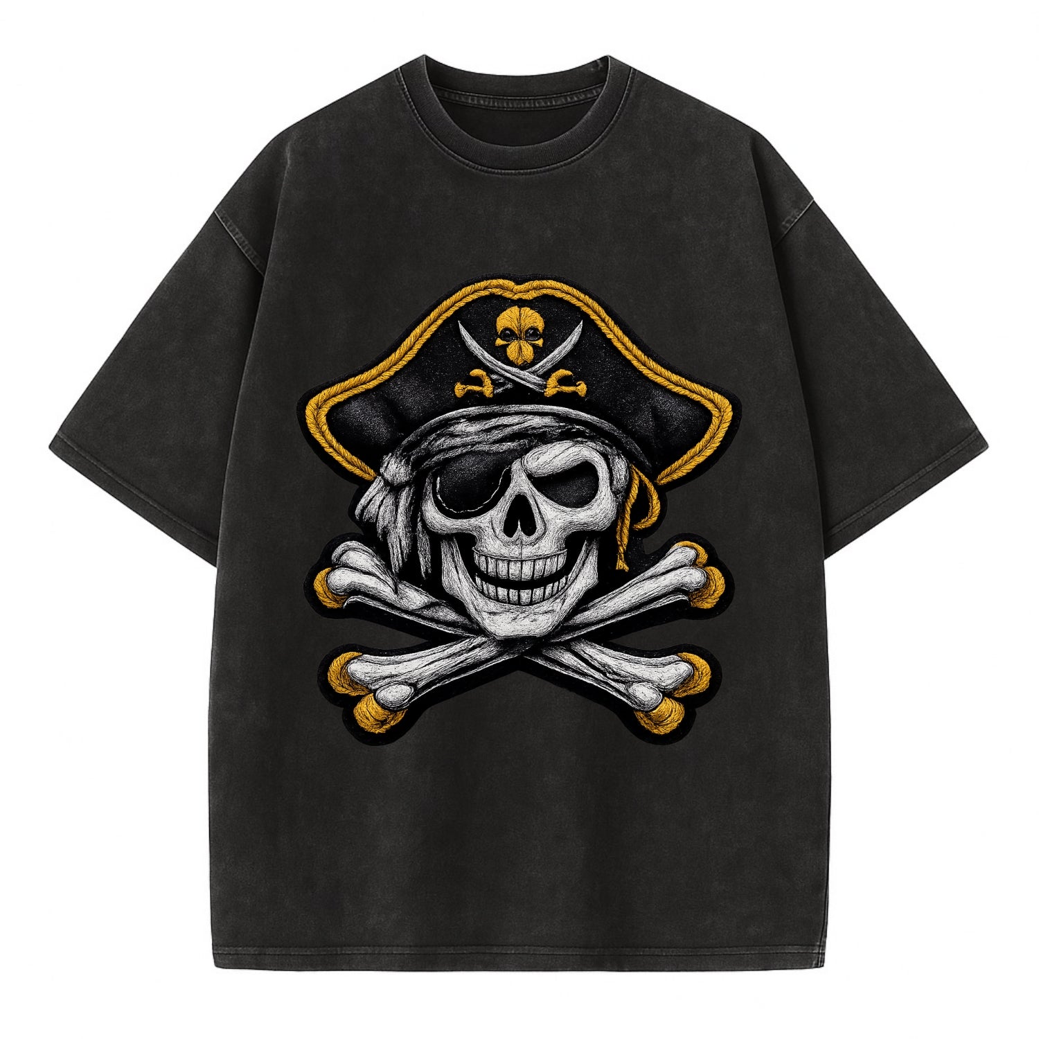 PIRATE SKULL - Jolly Roger skull in black and white , pirate - Vintage T-shirt - Black