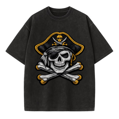 PIRATE SKULL - Jolly Roger skull in black and white , pirate - Vintage T-shirt - Black