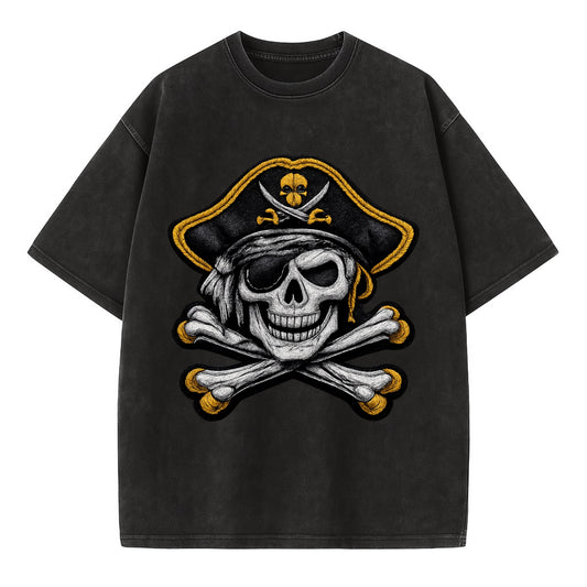 PIRATE SKULL - Jolly Roger skull in black and white , pirate - Vintage T-shirt - Black