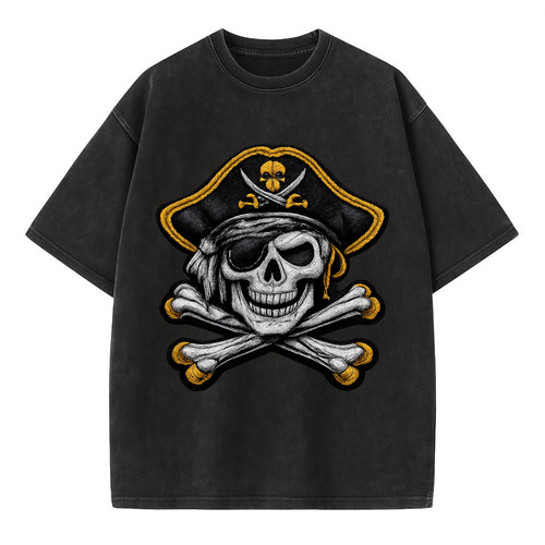 PIRATE SKULL - Jolly Roger skull in black and white , pirate - Vintage T-shirt
