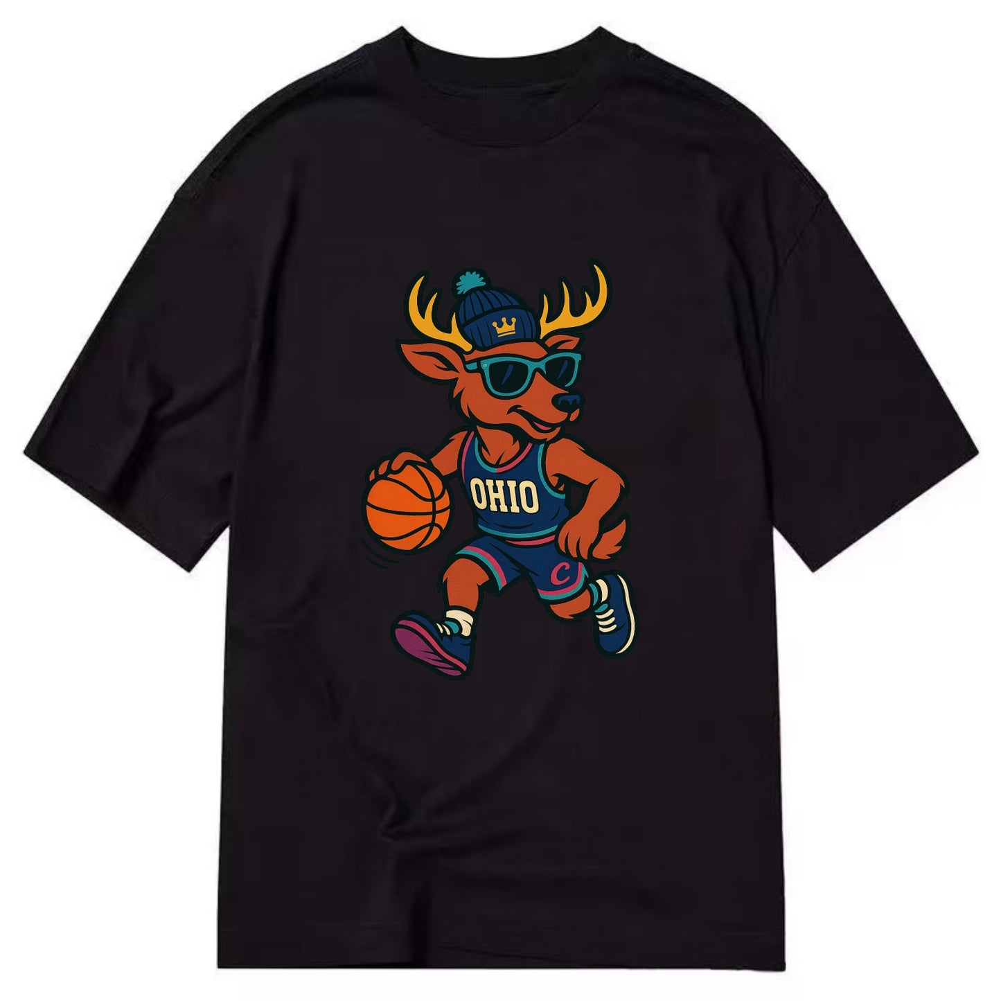 Ohio Deer wearing Cavs beanie with crown patch and wayfarer sunglasses - Classic T-shirt - Black