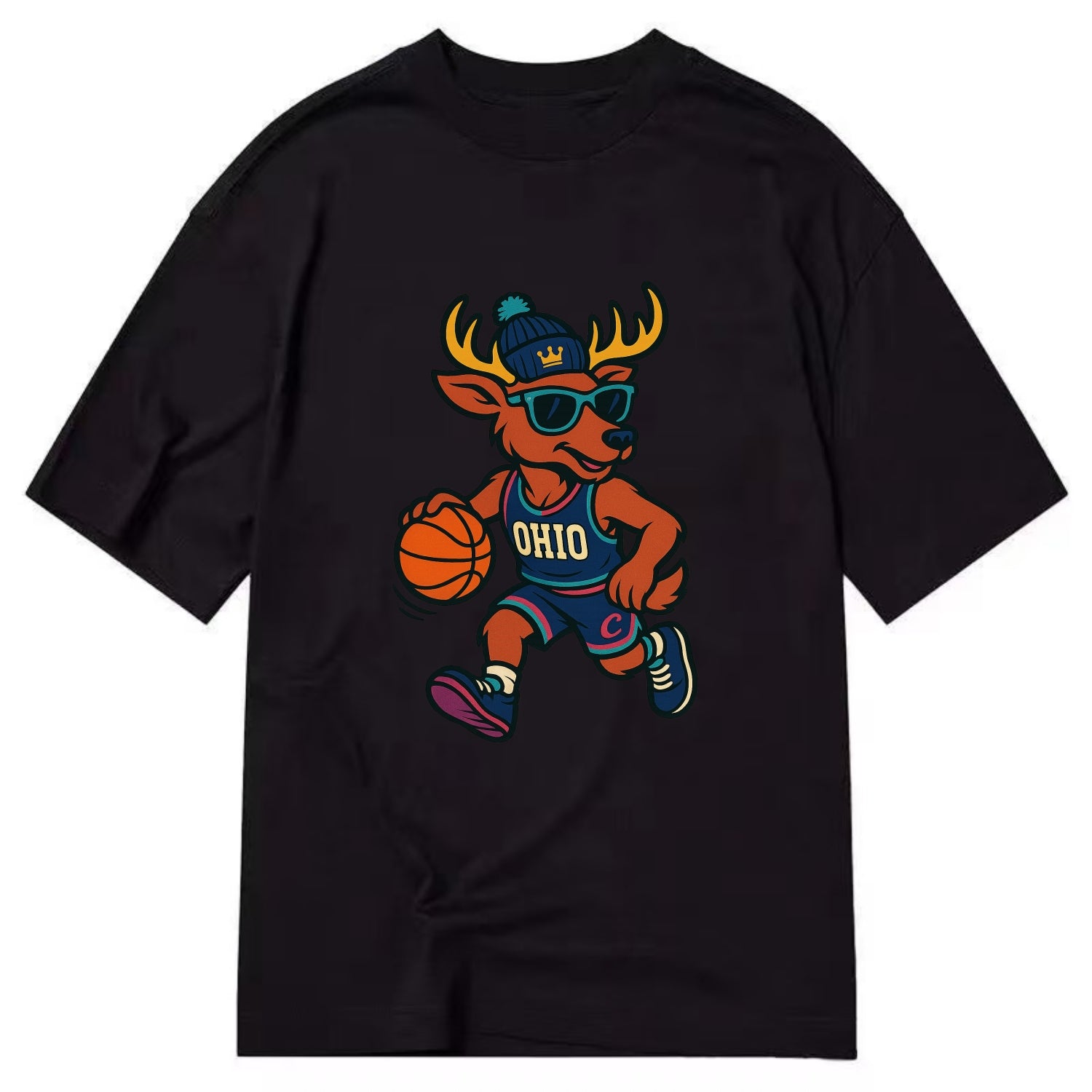 Ohio Deer wearing Cavs beanie with crown patch and wayfarer sunglasses - Classic T-shirt - Black