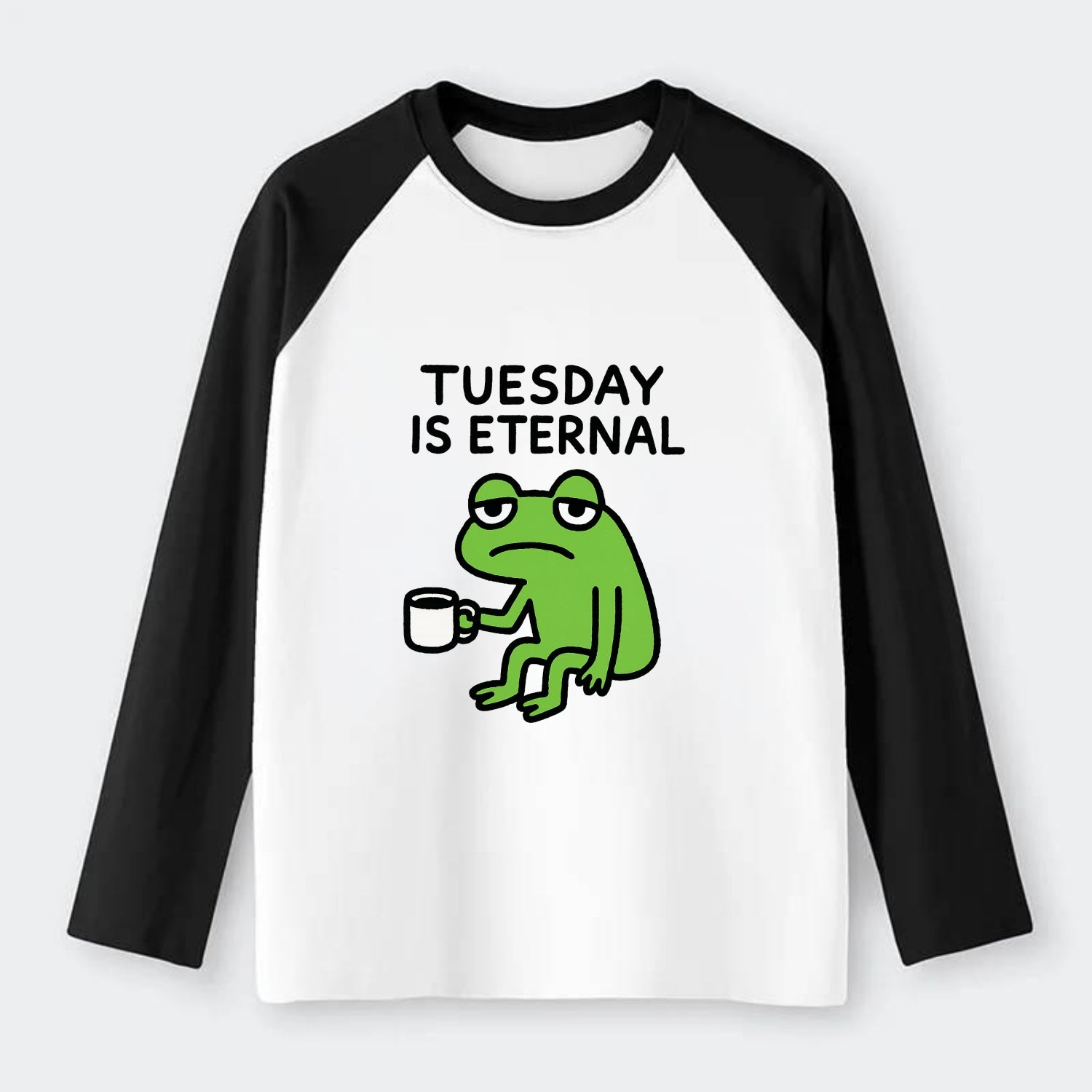 TUESDAY IS ETERNAL | Tired frog with coffee cup - Raglan Long Sleeve T-Shirt - Black