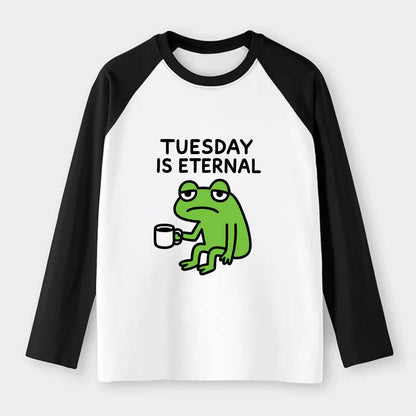 TUESDAY IS ETERNAL | Tired frog with coffee cup - Raglan Long Sleeve T-Shirt - Black