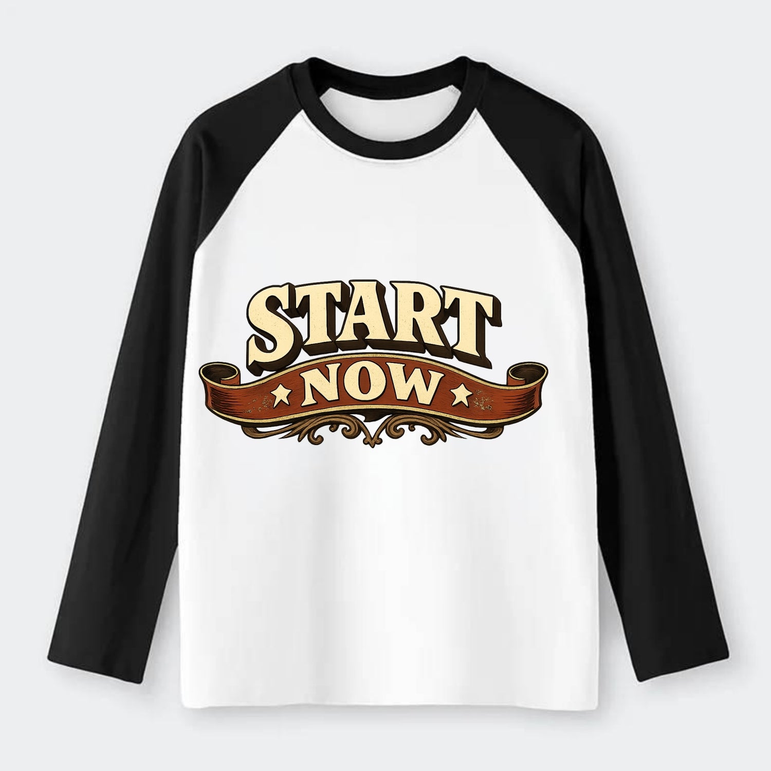 Bold typography design - "START NOW" - begin immediately, no delay - Raglan Long Sleeve T-Shirt - Black