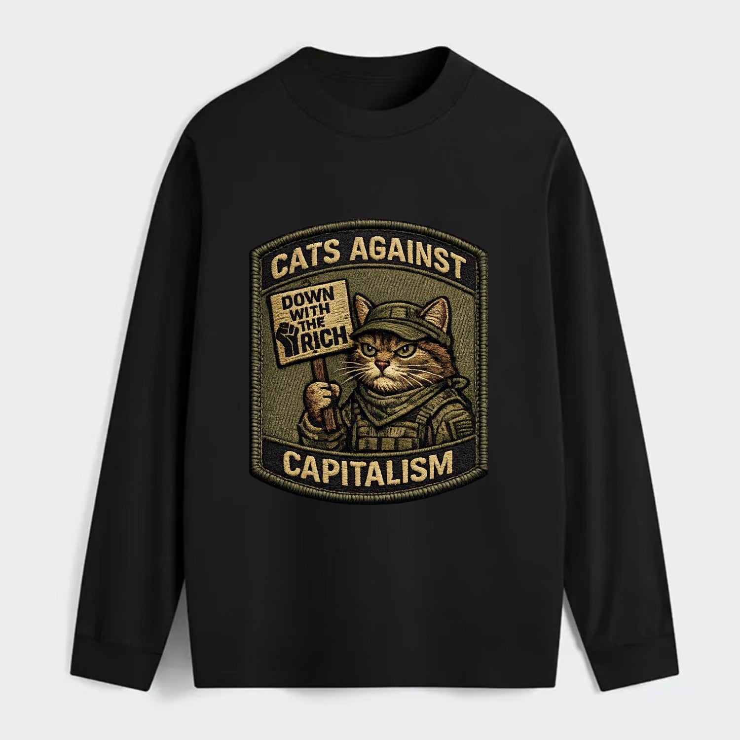 CATS AGAINST CAPITALISM - cat with protest sign in red , political cat - Classic Long Sleeve Shirt - Black