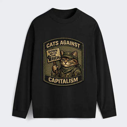 CATS AGAINST CAPITALISM - cat with protest sign in red , political cat - Classic Long Sleeve Shirt - Black