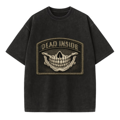 DEAD INSIDE SMILE - skeleton smile in white , dark humor - Vintage T-shirt - Black