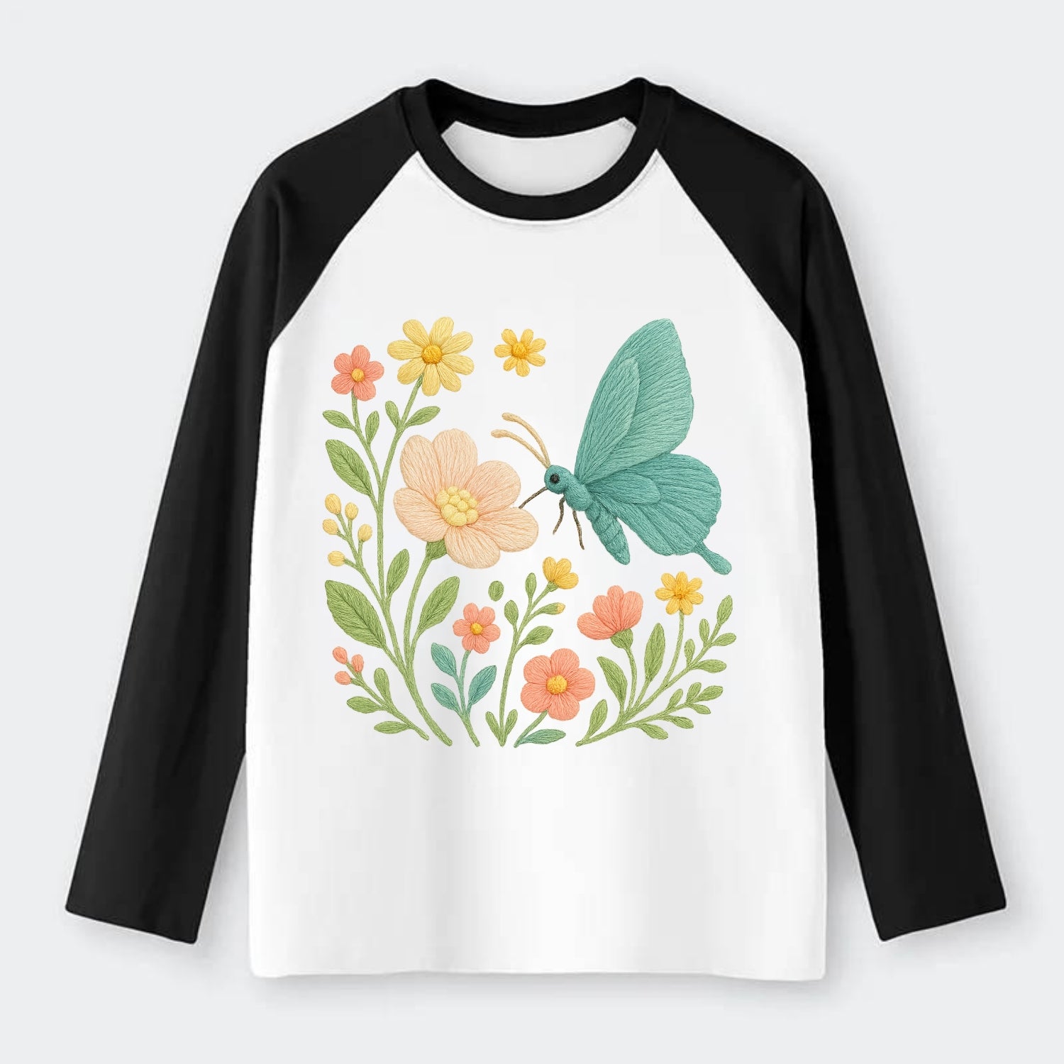 Mint Night Butterfly - Raglan Long Sleeve T-Shirt - Black