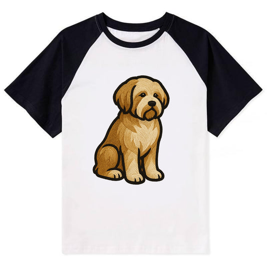 Tibetan Terrier - Gold and white embroidered sitting pose - Contrast Raglan T-shirt - Black