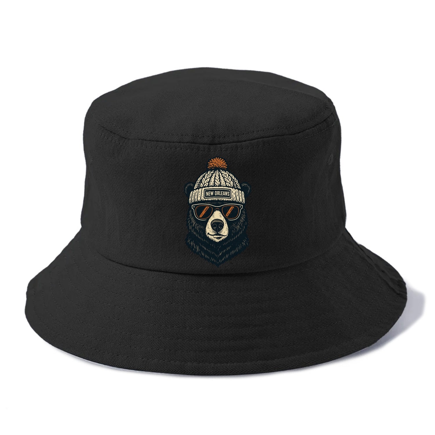 Louisiana Black Bear wearing New Orleans beanie with pom pom and wayfarer sunglasses - Bucket Hat - Black