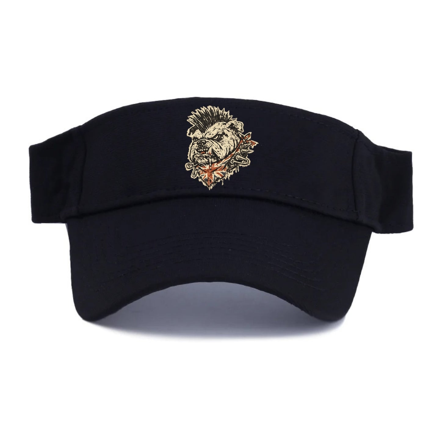 PUNK BULLDOG | British bulldog with mohawk | Safety pins through collar | Union Jack - Visor - Black