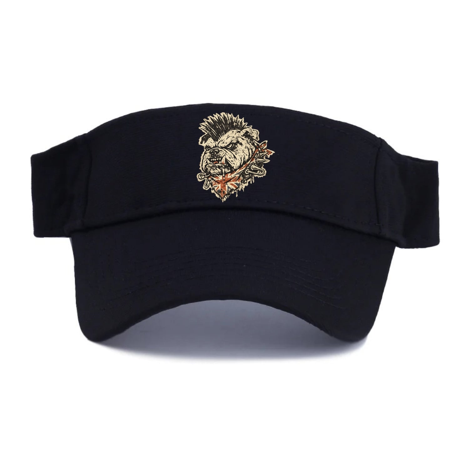 PUNK BULLDOG | British bulldog with mohawk | Safety pins through collar | Union Jack - Visor - Black