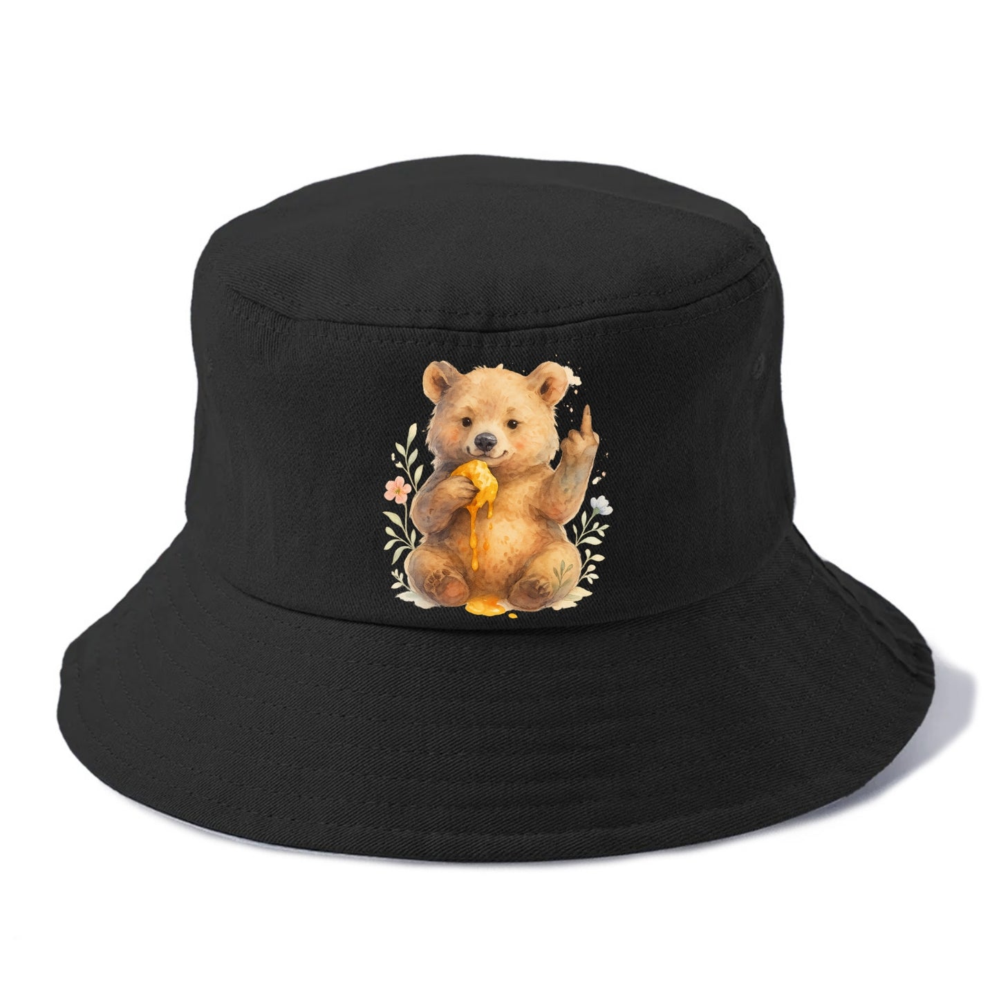 chubby bear cub eating dripping honey, sticky paw up with middle finger - Bucket Hat - Black