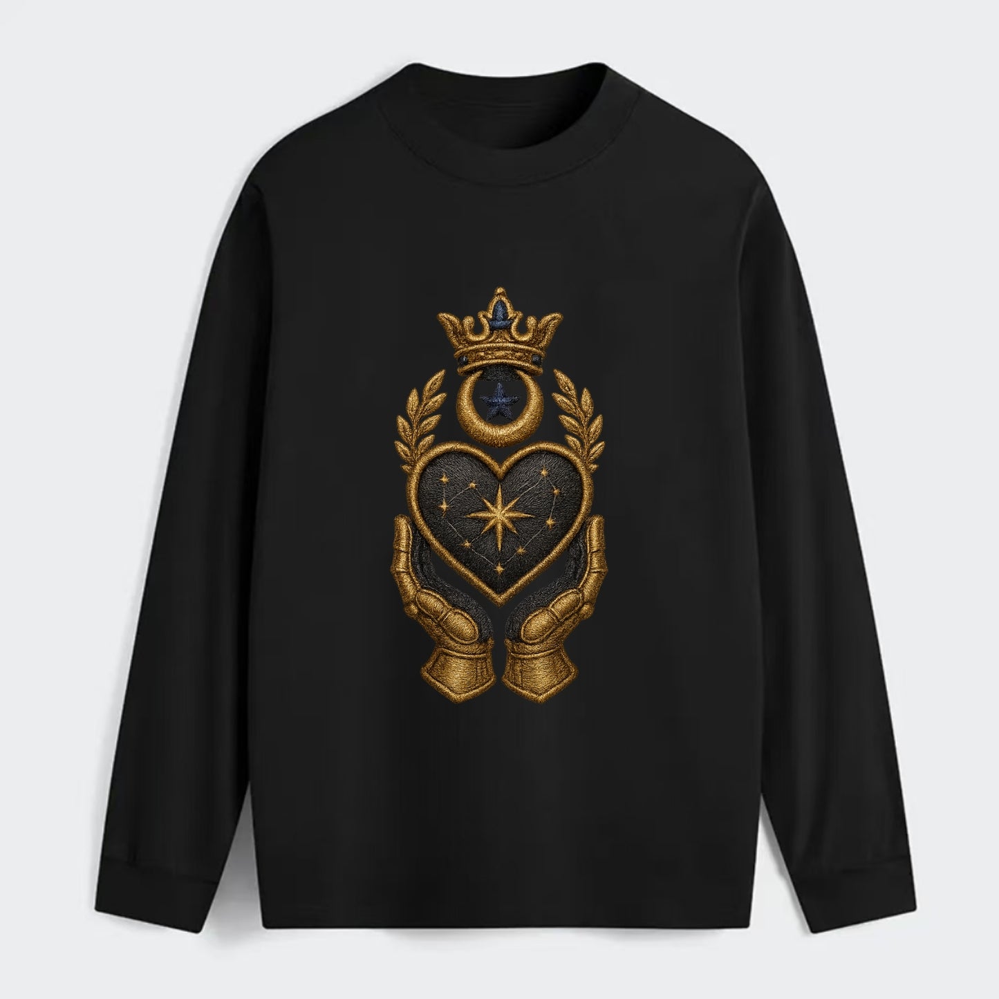 Crowned heart with Art Deco sunburst crown and geometric filigree hands - Classic Long Sleeve Shirt - Black