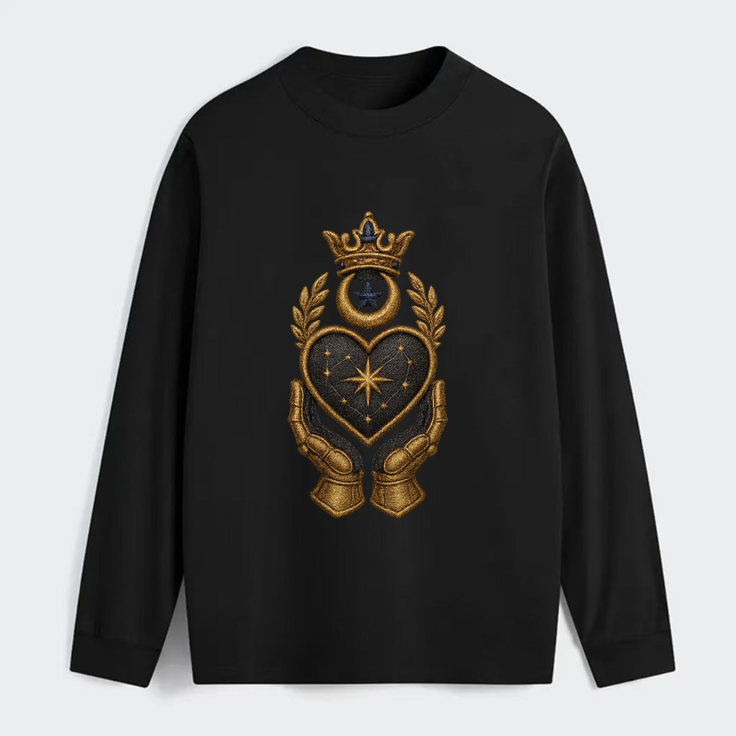 Crowned heart with Art Deco sunburst crown and geometric filigree hands - Classic Long Sleeve Shirt - Black