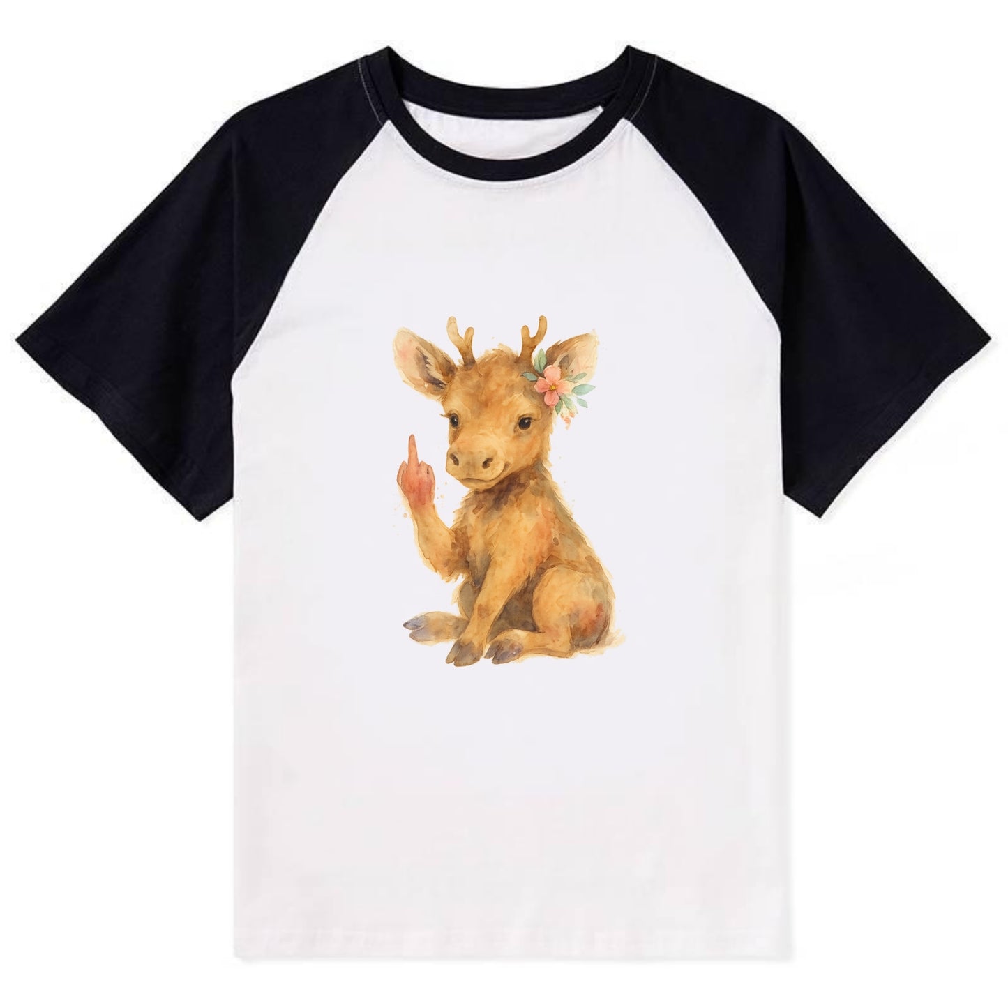 baby moose with adorable tiny antlers, one hoof raised in attitude - Contrast Raglan T-shirt - Black