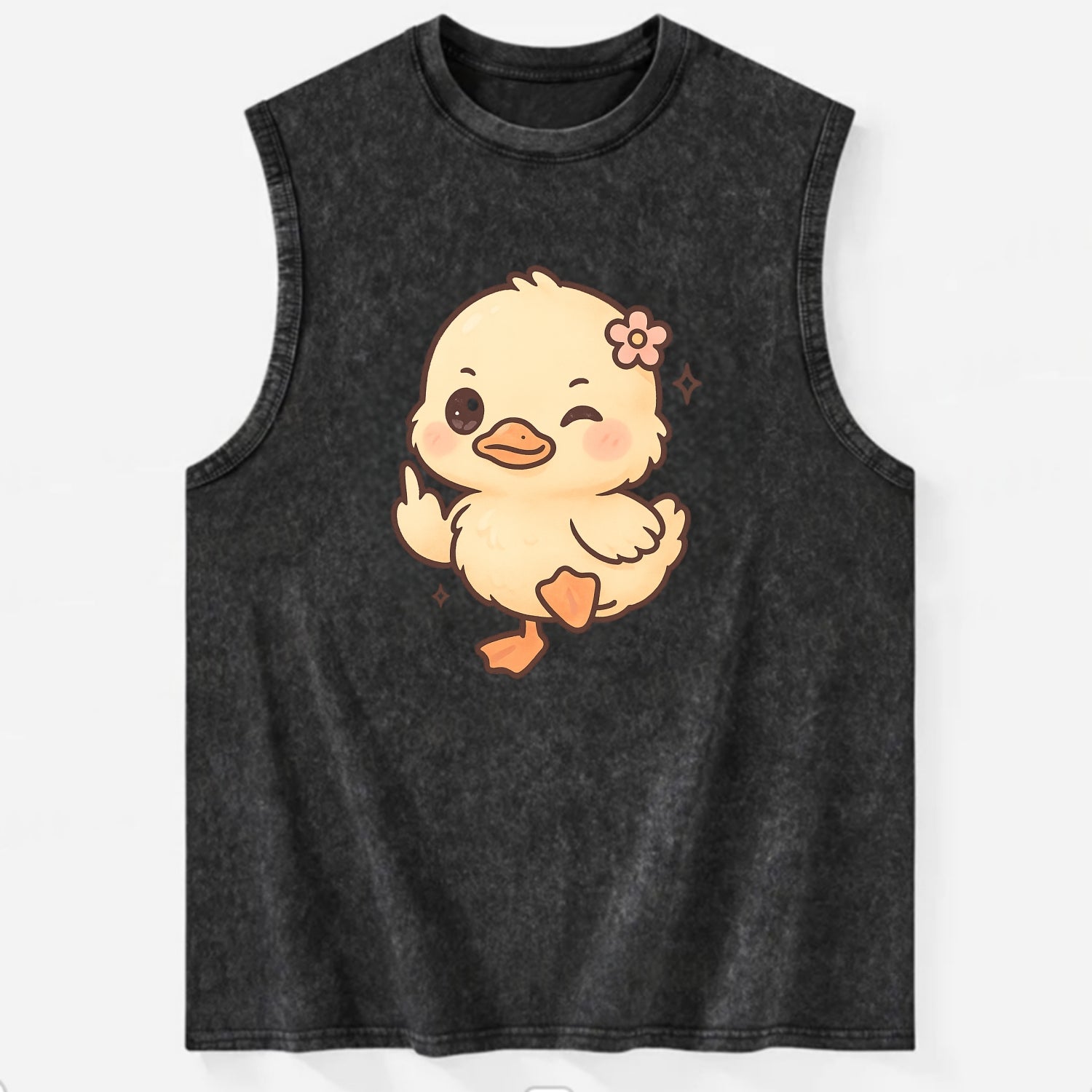fluffy baby duck with small flower, one webbed foot raised sassily - Vintage Washed Tank - Black