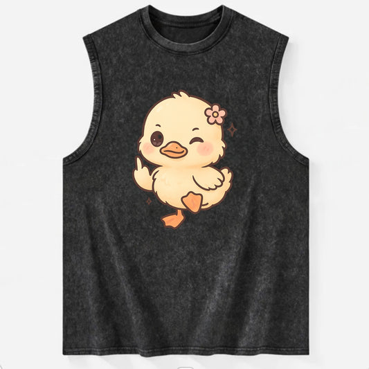 fluffy baby duck with small flower, one webbed foot raised sassily - Vintage Washed Tank - Black
