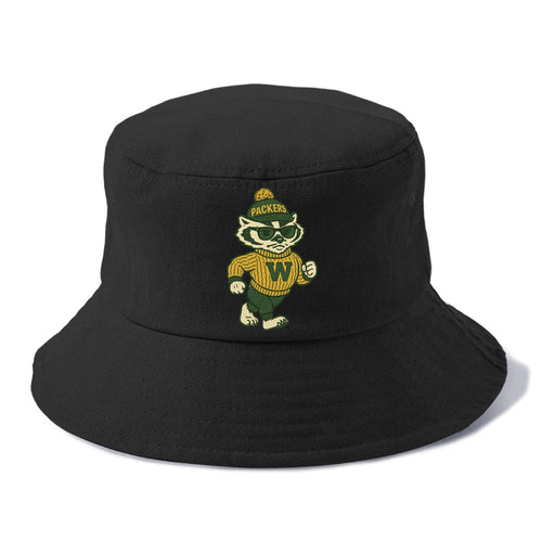 Wisconsin Badger wearing Packers green and gold beanie with pom pom and wayfarer - Bucket Hat