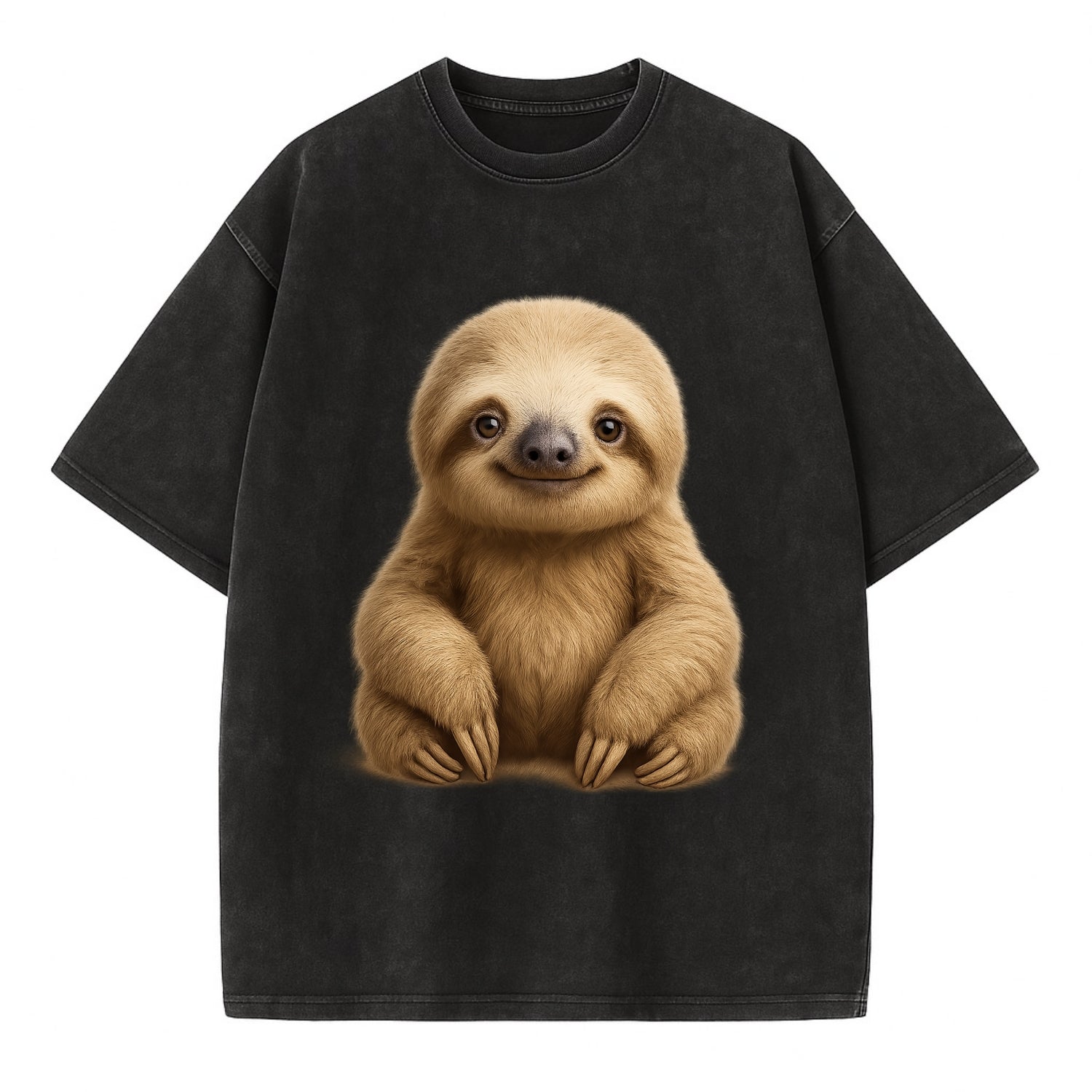 Baby Sloth - tan fur, long arms, peaceful smile, gentle eyes, front-facing, zen - Vintage T-shirt - Black