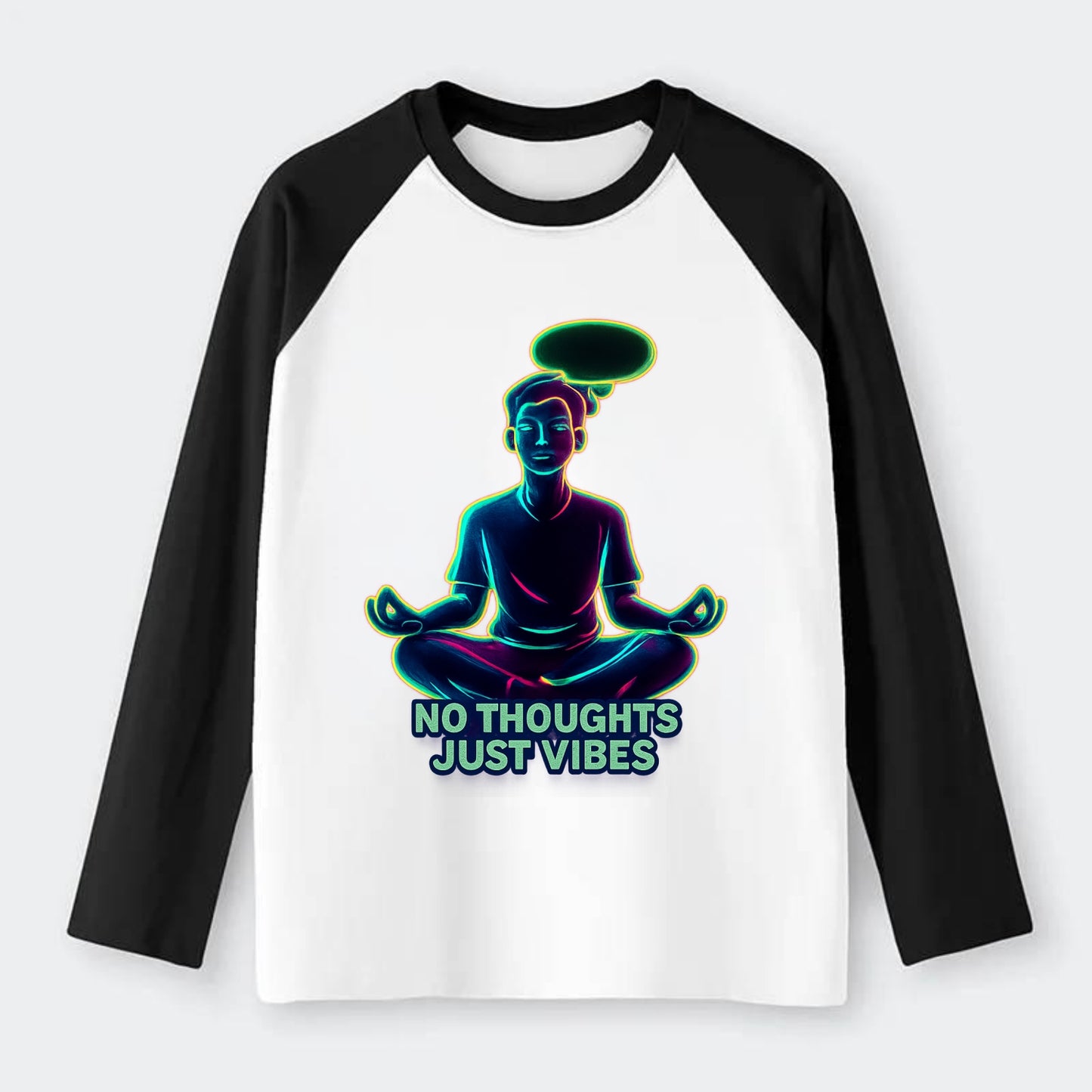 Peaceful floating figure with empty thought bubble - "no thoughts just - Raglan Long Sleeve T-Shirt - Black