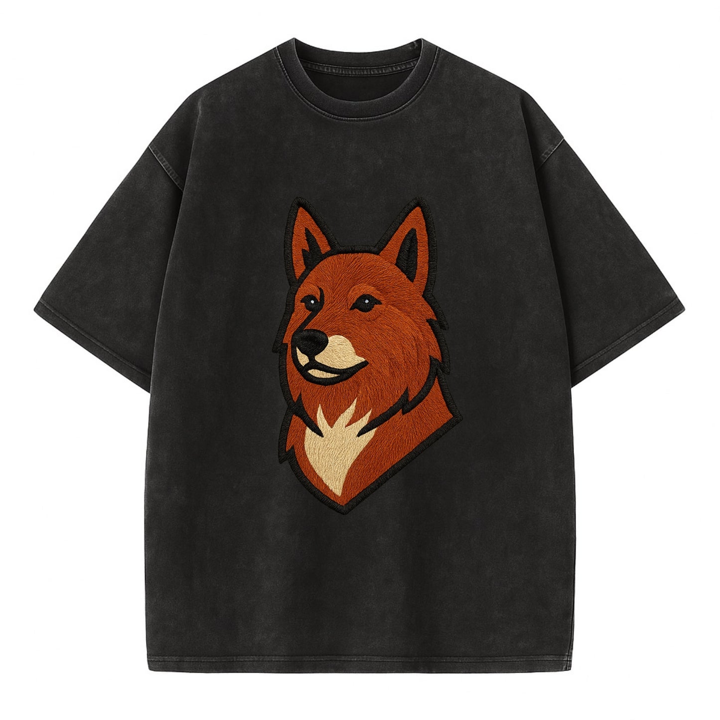 Finnish Spitz - Fox-red pointed ears embroidered pose - Vintage T-shirt - Black