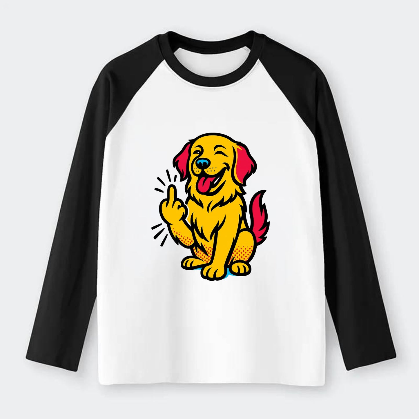 Golden Retriever with happy smile and golden coat, fluffy paw raised - Raglan Long Sleeve T-Shirt - Black